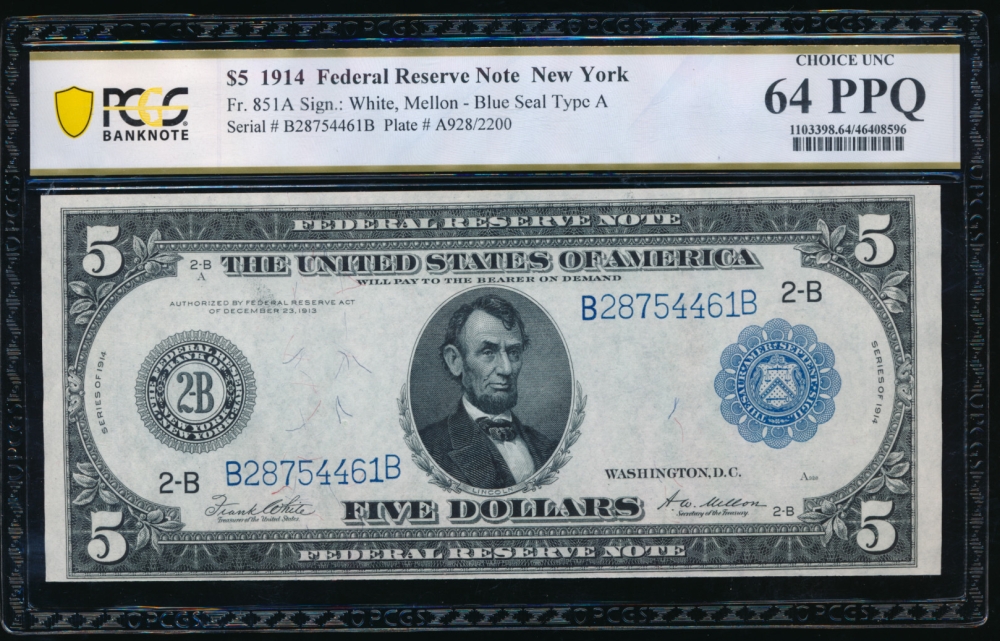 Fr. 851a 1914 $5  Federal Reserve Note New York PCGS 64PPQ B28754461B