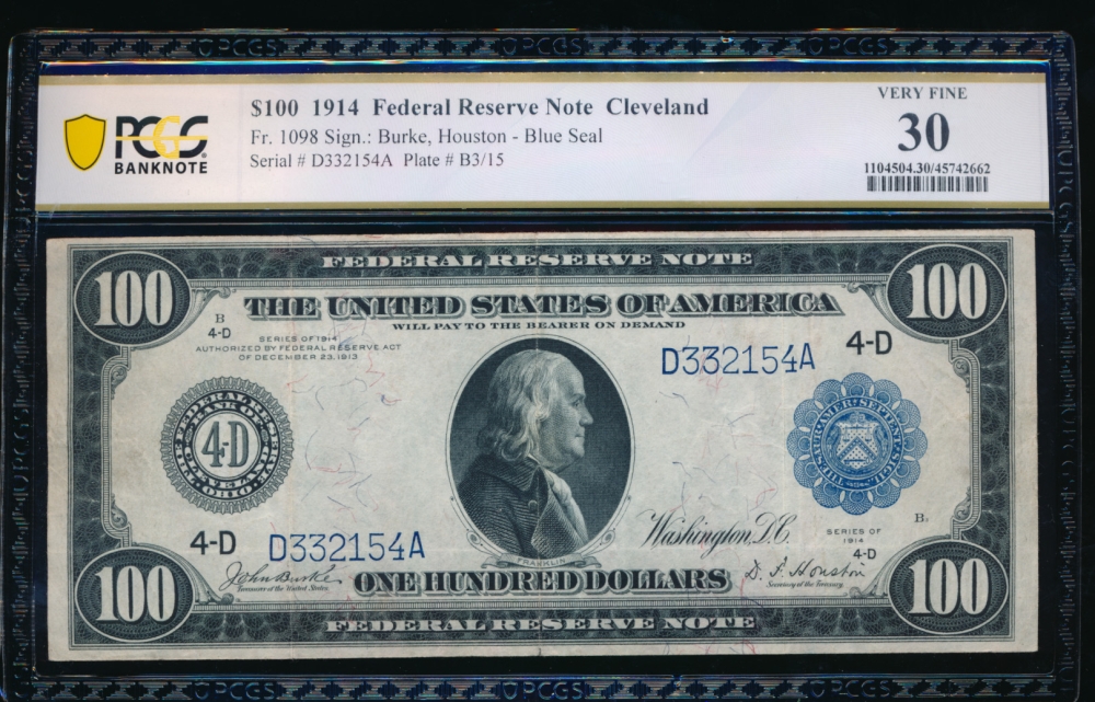 Fr. 1098 1914 $100  Federal Reserve Note Cleveland PCGS 30 D332154A