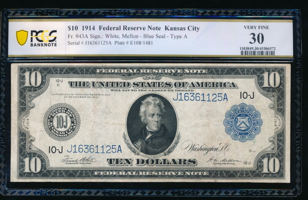 Fr. 943a 1914 $10  Federal Reserve Note Kansas City PCGS 30 J16361125A