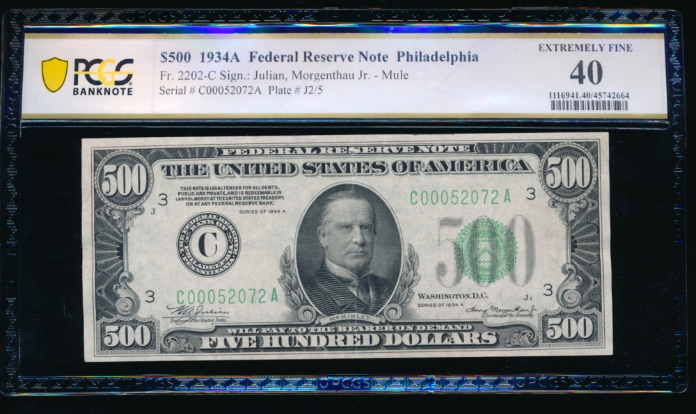 Fr. 2202-C 1934A $500  Federal Reserve Note Philadelphia PCGS 40 comment C00052072A