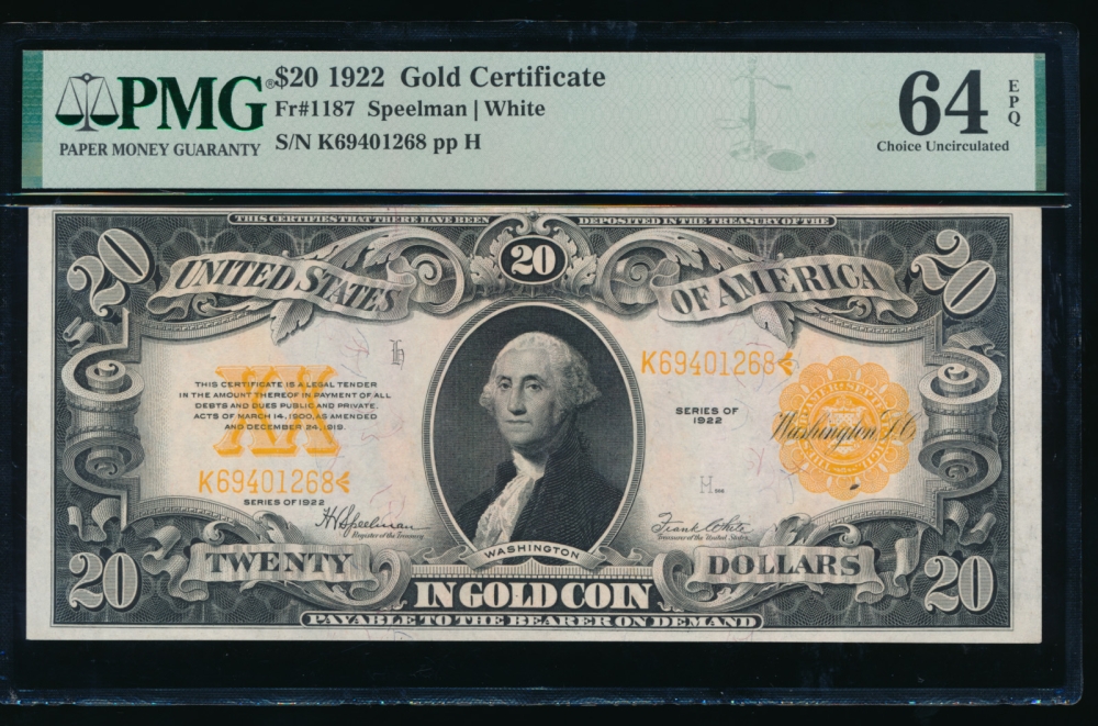 Fr. 1187 1922 $20  Gold Certificate  PMG 64EPQ K69401268
