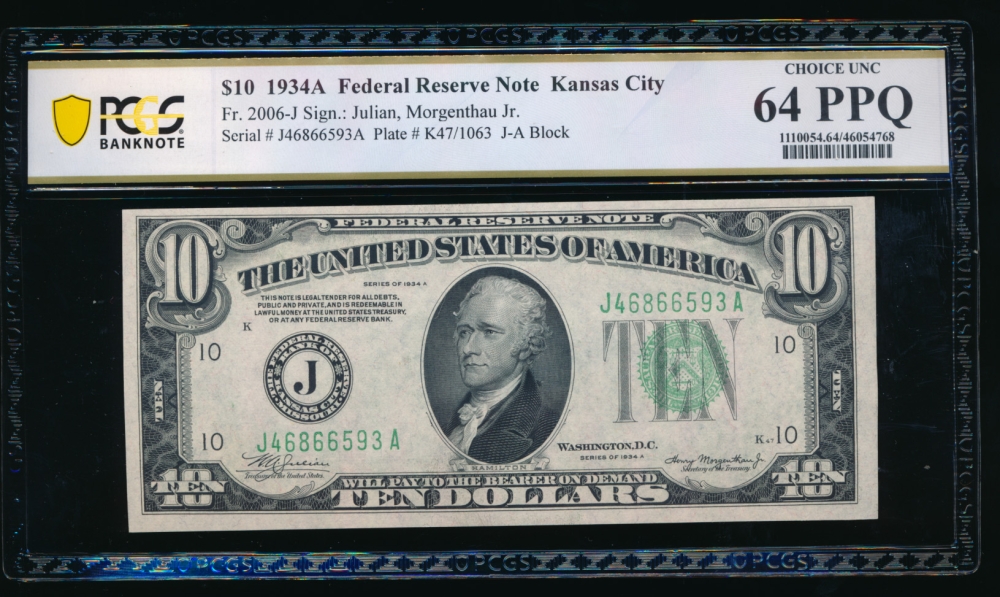 Fr. 2006-J 1934A $10  Federal Reserve Note Kansas City PCGS 64PPQ J46866593A