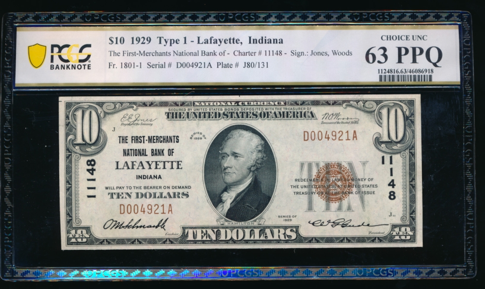 Fr. 1801-1 1929 $10  National: Type I Ch #11148 The First-Merchants National Bank of Lafayette, Indiana PCGS 63PPQ D004921A