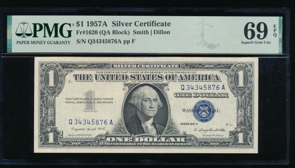 Fr. 1620 1957A $1  Silver Certificate QA block PMG 69EPQ Q34345876A