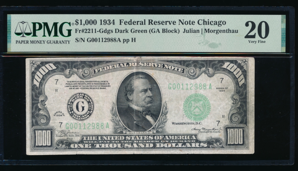 Fr. 2211-G 1934 $1,000  Federal Reserve Note Chicago PMG 20 comment G00112988A