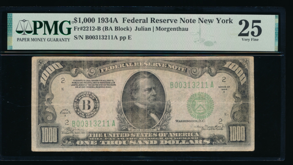 Fr. 2212-B 1934A $1,000  Federal Reserve Note New York PMG 25 B00313211A