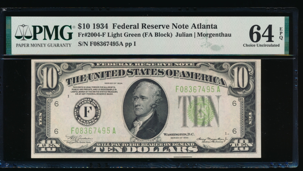 Fr. 2004-F 1934 $10  Federal Reserve Note Atlanta LGS PMG 64EPQ F08367495A obverse