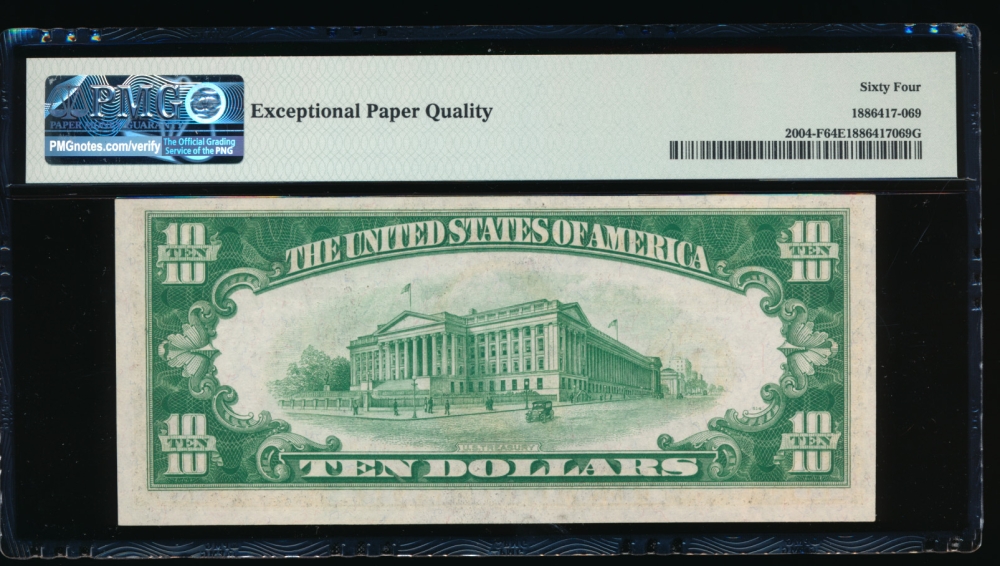 Fr. 2004-F 1934 $10  Federal Reserve Note Atlanta LGS PMG 64EPQ F08367495A reverse