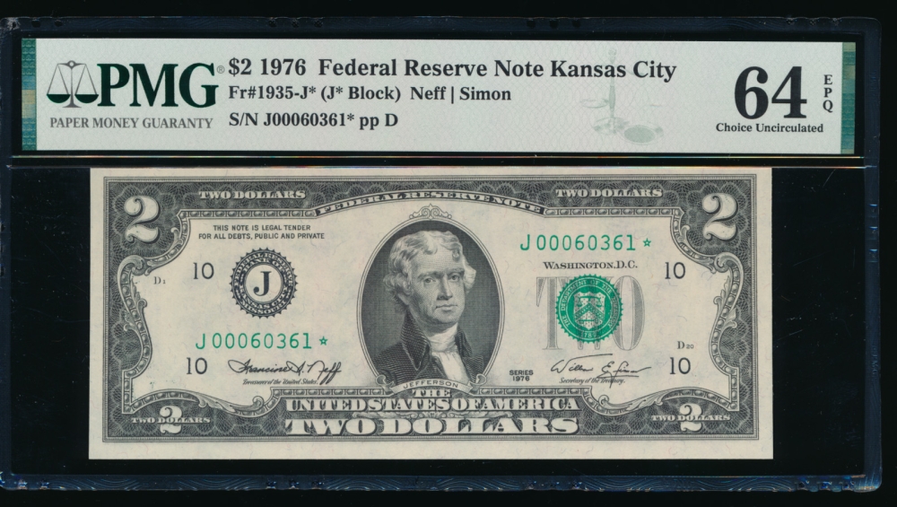 Fr. 1935-J 1976 $2  Federal Reserve Note Kansas City star PMG 64EPQ J00060361*