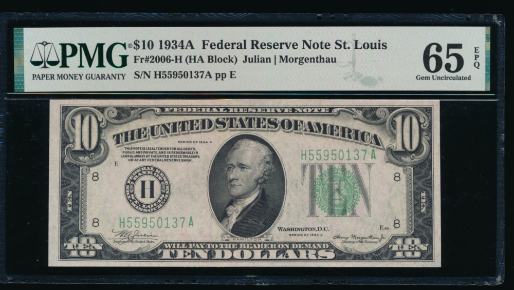 Fr. 2006-H 1934A $10  Federal Reserve Note Saint Louis PMG 65EPQ H55950137A