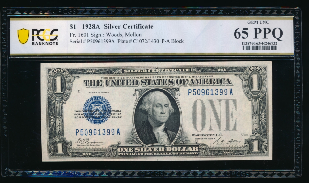 Fr. 1601 1928A $1  Silver Certificate PA block PCGS 65PPQ P50961399A