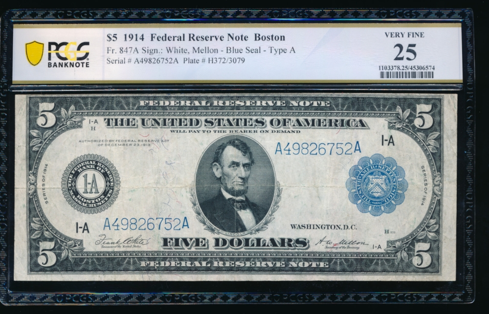 Fr. 847a 1914 $5  Federal Reserve Note Boston PCGS 25 A49826752A