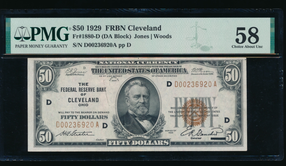 Fr. 1880-D 1929 $50  FRBN Cleveland PMG 58 D00236920A