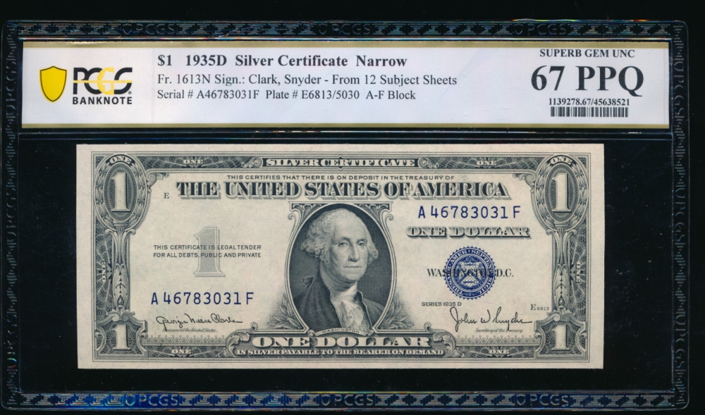 Fr. 1613 1935D $1  Silver Certificate narrow, AF block PCGS 67PPQ A46783031F