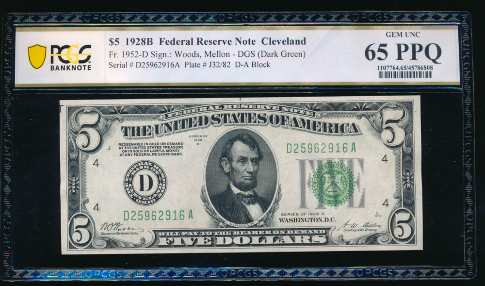 Fr. 1952-D 1928B $5  Federal Reserve Note Cleveland PCGS 65PPQ D25962916A