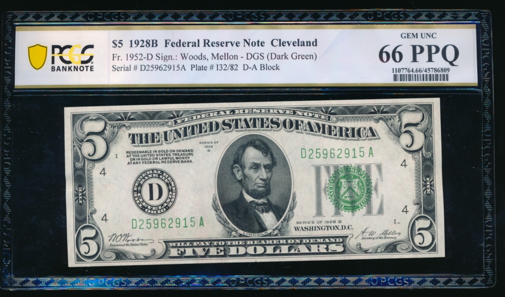 Fr. 1952-D 1928B $5  Federal Reserve Note Cleveland PCGS 66PPQ D25962915A