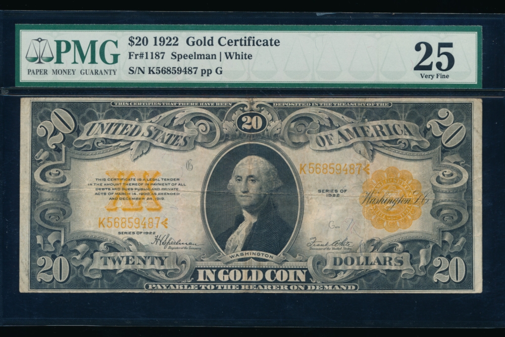 Fr. 1187 1922 $20  Gold Certificate  PMG 25 K56859487