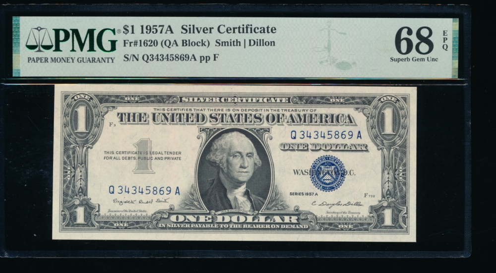 Fr. 1620 1957A $1  Silver Certificate QA block PMG 68EPQ Q34345869A