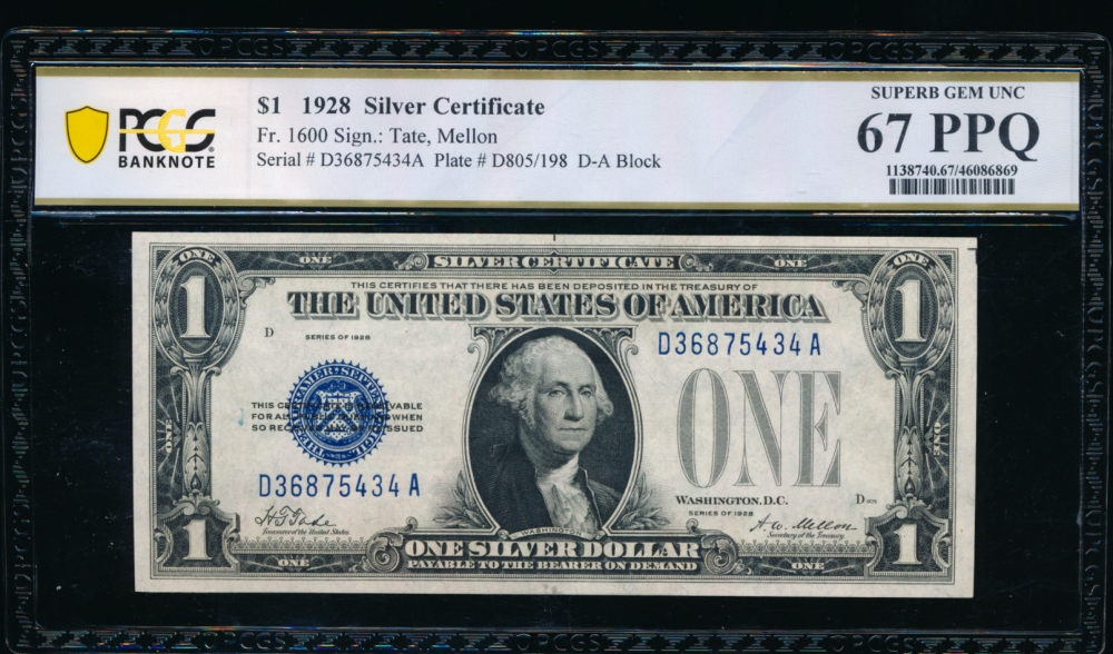 Fr. 1600 1928 $1  Silver Certificate DA block PCGS 67PPQ D38675434A
