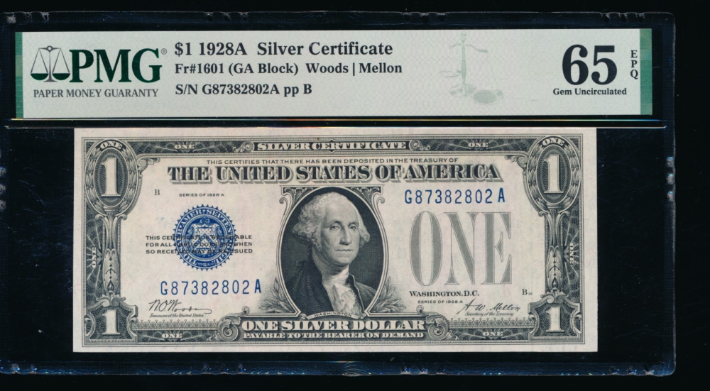 Fr. 1601 1928A $1  Silver Certificate GA block PMG 65EPQ G87382802A