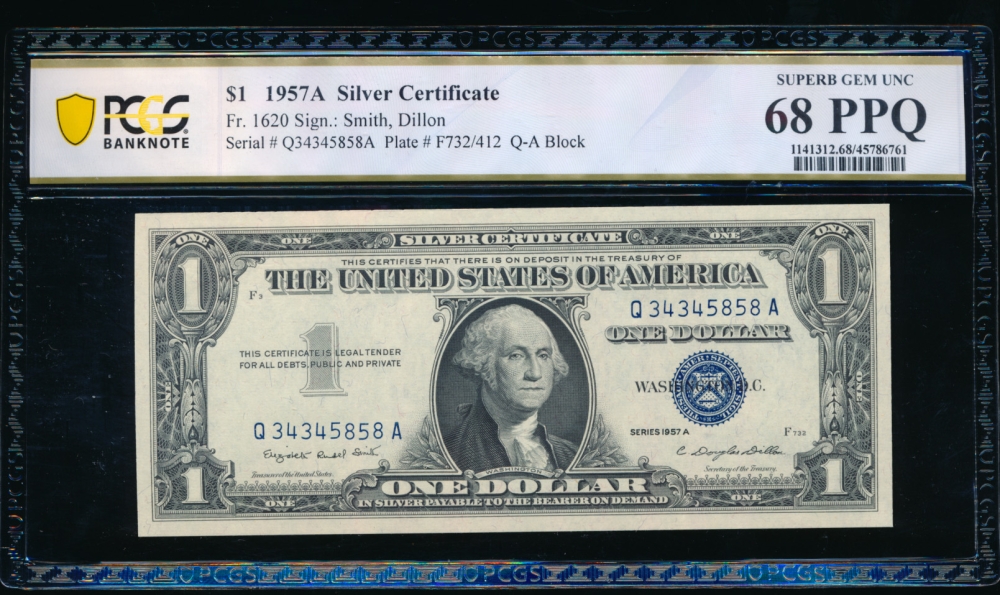 Fr. 1620 1957A $1 Silver Certificate QA block PCGS 68PPQ Q34345858A