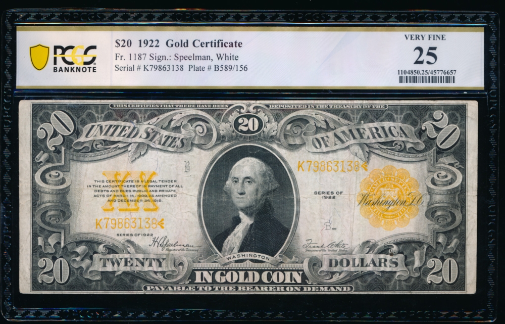 Fr. 1187 1922 $20  Gold Certificate  PCGS 25 K79863138