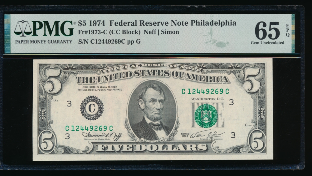 Fr. 1973-C 1974 $5  Federal Reserve Note Philadelphia PMG 65EPQ C12449269C