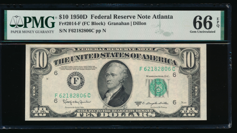Fr. 2014-F 1950D $10  Federal Reserve Note Atlanta PMG 66EPQ F62182806C