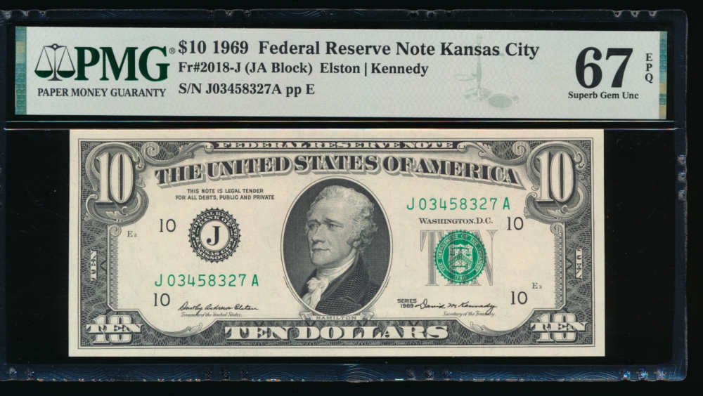 Fr. 2018-J 1969 $10  Federal Reserve Note Kansas City PMG 67EPQ J03458327A