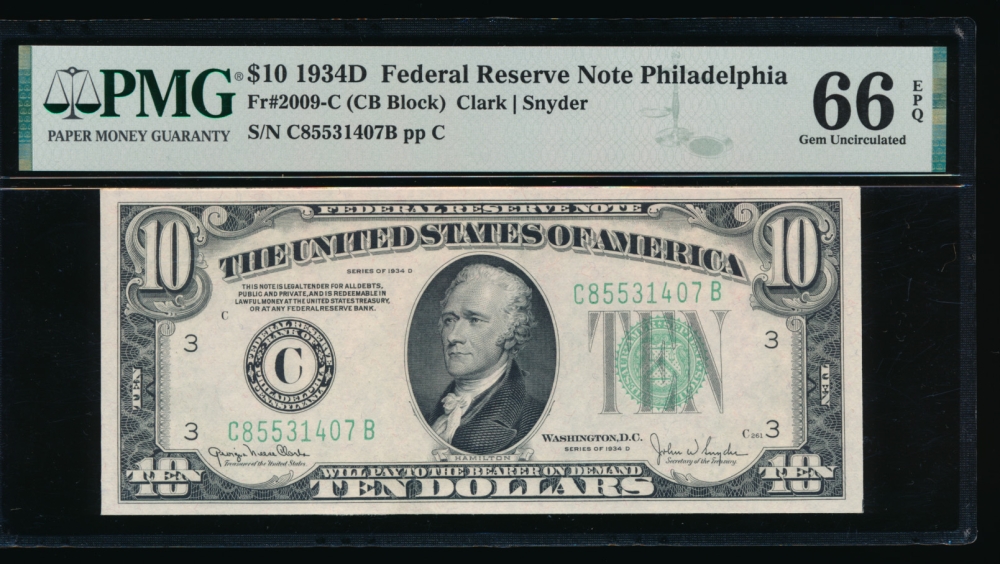 Fr. 2009-C 1934D $10  Federal Reserve Note Philadelphia PMG 66EPQ C85531407B obverse
