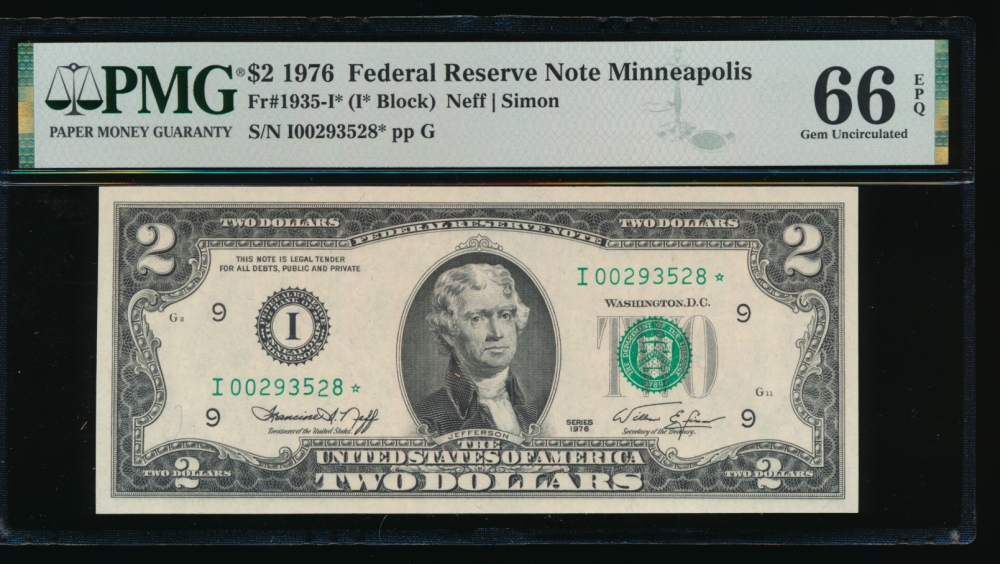 Fr. 1935-I 1976 $2  Federal Reserve Note Minneapolis star PMG 66EPQ I00293528*