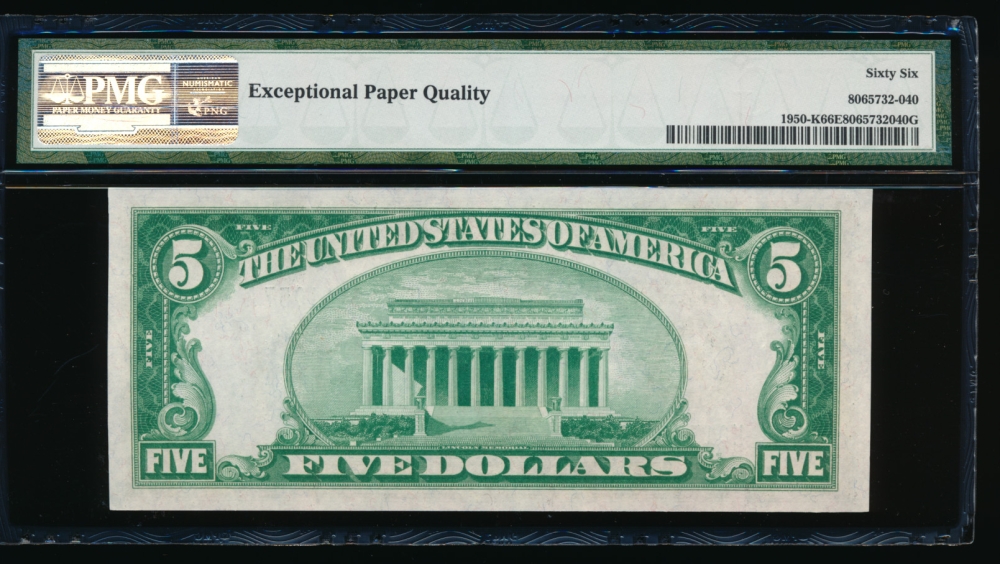 Fr. 1950-K 1928 $5  Federal Reserve Note Dallas PMG 66EPQ K01711057A reverse