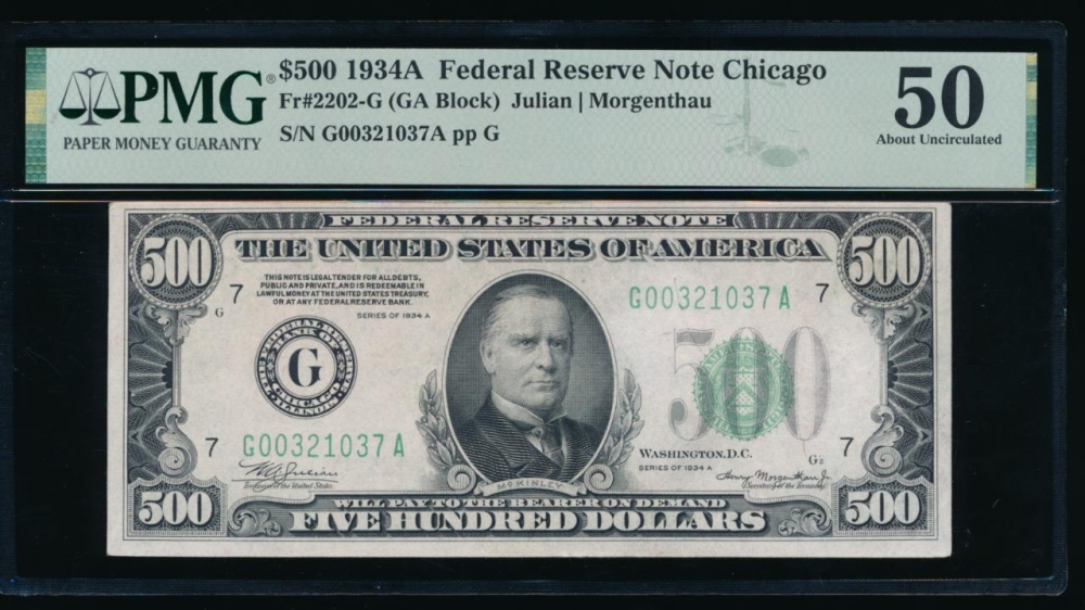 Fr. 2202-G 1934A $500  Federal Reserve Note Chicago PMG 50 comment G00321037A obverse