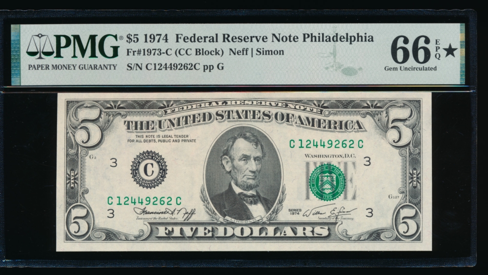 Fr. 1973-C 1974 $5  Federal Reserve Note Philadelphia PMG 66EPQ* C12449262C obverse