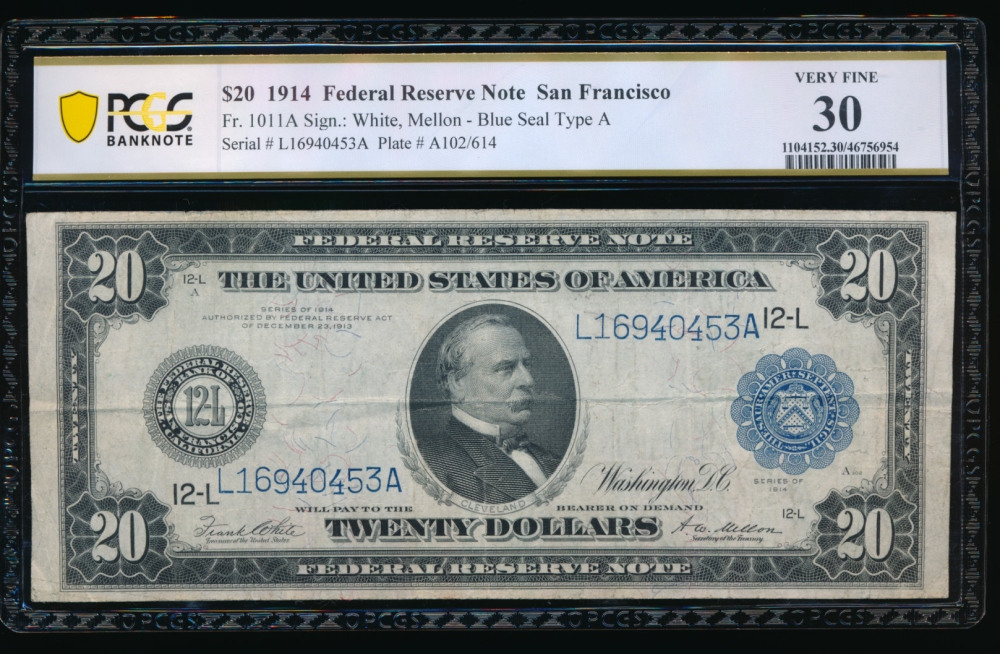 Fr. 1011a 1914 $20  Federal Reserve Note San Francisco PCGS 30 L16940453A obverse
