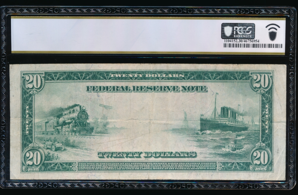 Fr. 1011a 1914 $20  Federal Reserve Note San Francisco PCGS 30 L16940453A reverse