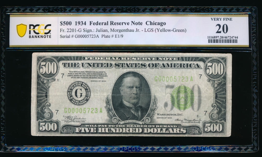 Fr. 2201-G 1934 $500  Federal Reserve Note Chicago LGS PCGS 20 comment G00005723A