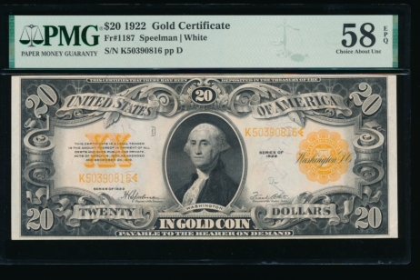 Fr. 1187 1922 $20  Gold Certificate  PMG 58EPQ K50390816