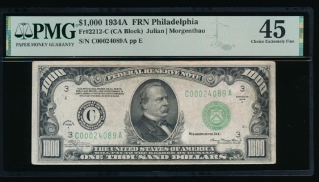 Fr. 2212-C 1934A $1,000  Federal Reserve Note Philadelphia PMG 45 C00024089A