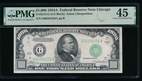 Fr. 2212-G 1934A $1,000  Federal Reserve Note Chicago PMG 45 G00205226A