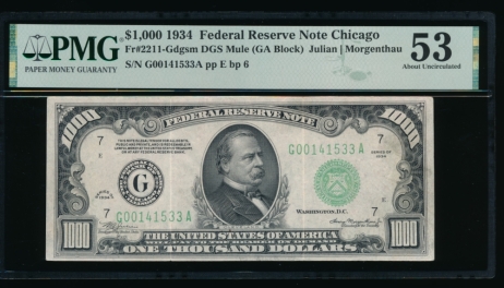 Fr. 2211-G 1934 $1,000  Federal Reserve Note Chicago PMG 53 G00141533A