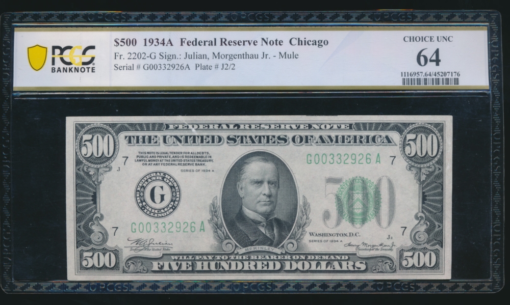 Fr. 2202-G 1934A $500  Federal Reserve Note Chicago PCGS 64 comment G00332926A