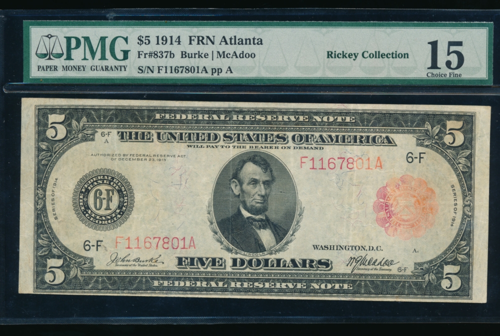 Fr. 837b 1914 $5  Federal Reserve Note Atlanta red seal PMG 15 F1167801A