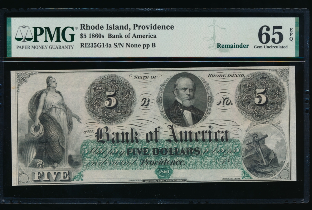 Fr. RI-235 G14 1860s $5  Obsolete Bank of America, Rhode Island PMG 65EPQ no serial number