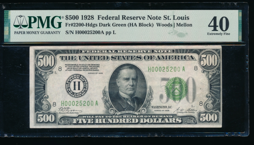 Fr. 2200-H 1928 $500  Federal Reserve Note Saint Louis PMG 40 H00025200A