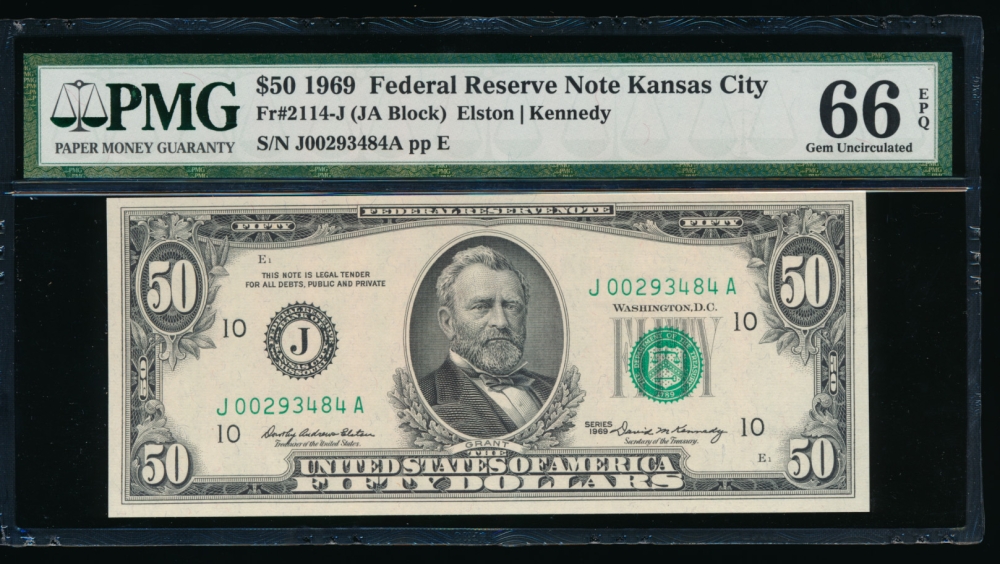 Fr. 2114-J 1969 $50  Federal Reserve Note Kansas City PMG 66EPQ J00293484A