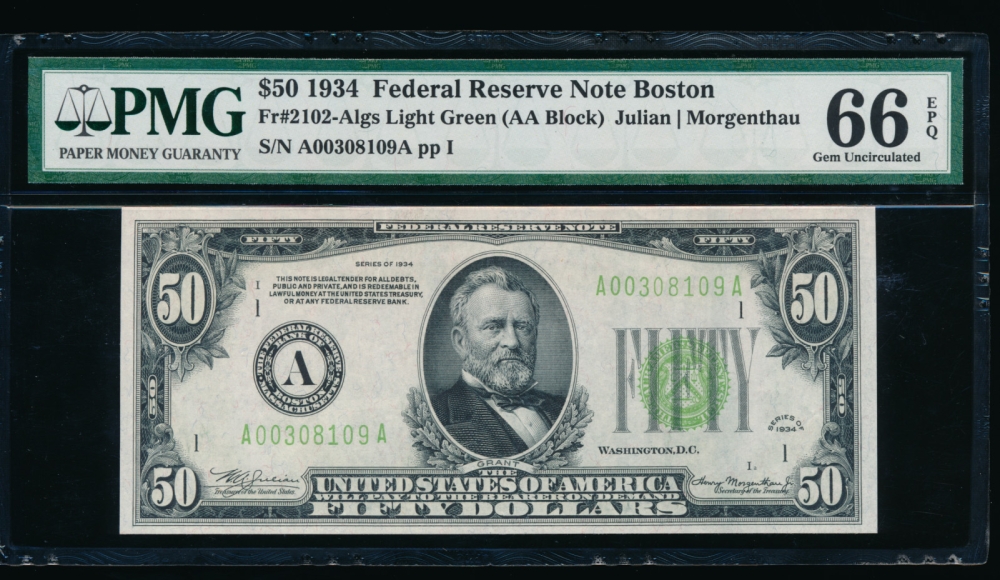 Fr. 2102-A 1934 $50  Federal Reserve Note Boston LGS PMG 66EPQ A00308109A
