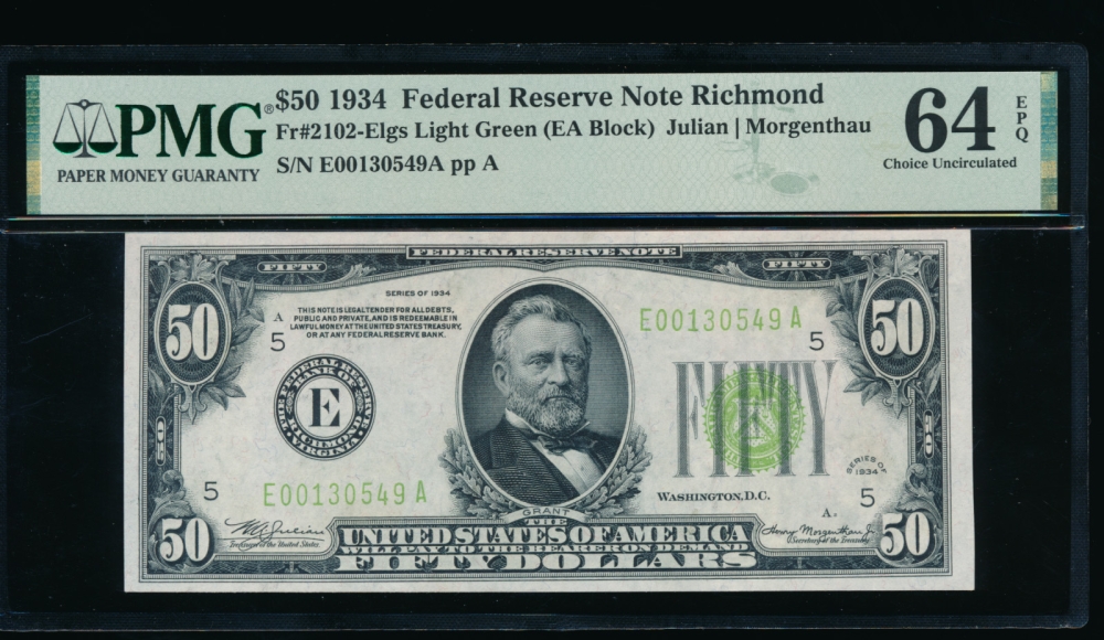 Fr. 2102-E 1934 $50  Federal Reserve Note Richmond LGS PMG 64EPQ E00130549A