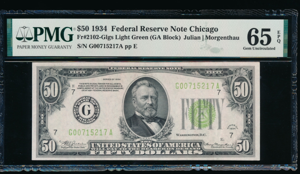 Fr. 2102-G 1934 $50  Federal Reserve Note Chicago LGS PMG 65EPQ G00715217A