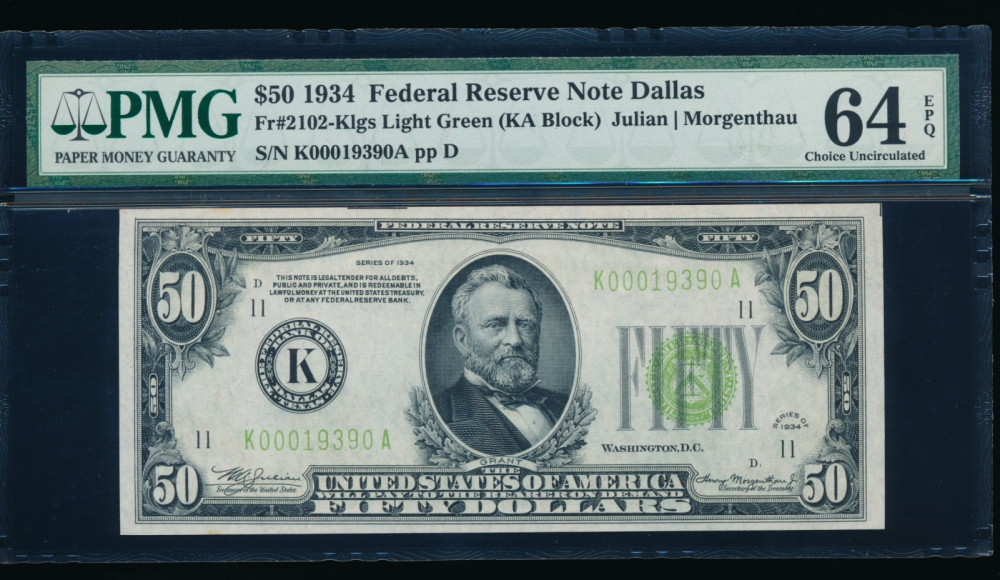 Fr. 2102-K 1934 $50  Federal Reserve Note Dallas LGS PMG 64EPQ K00019390A